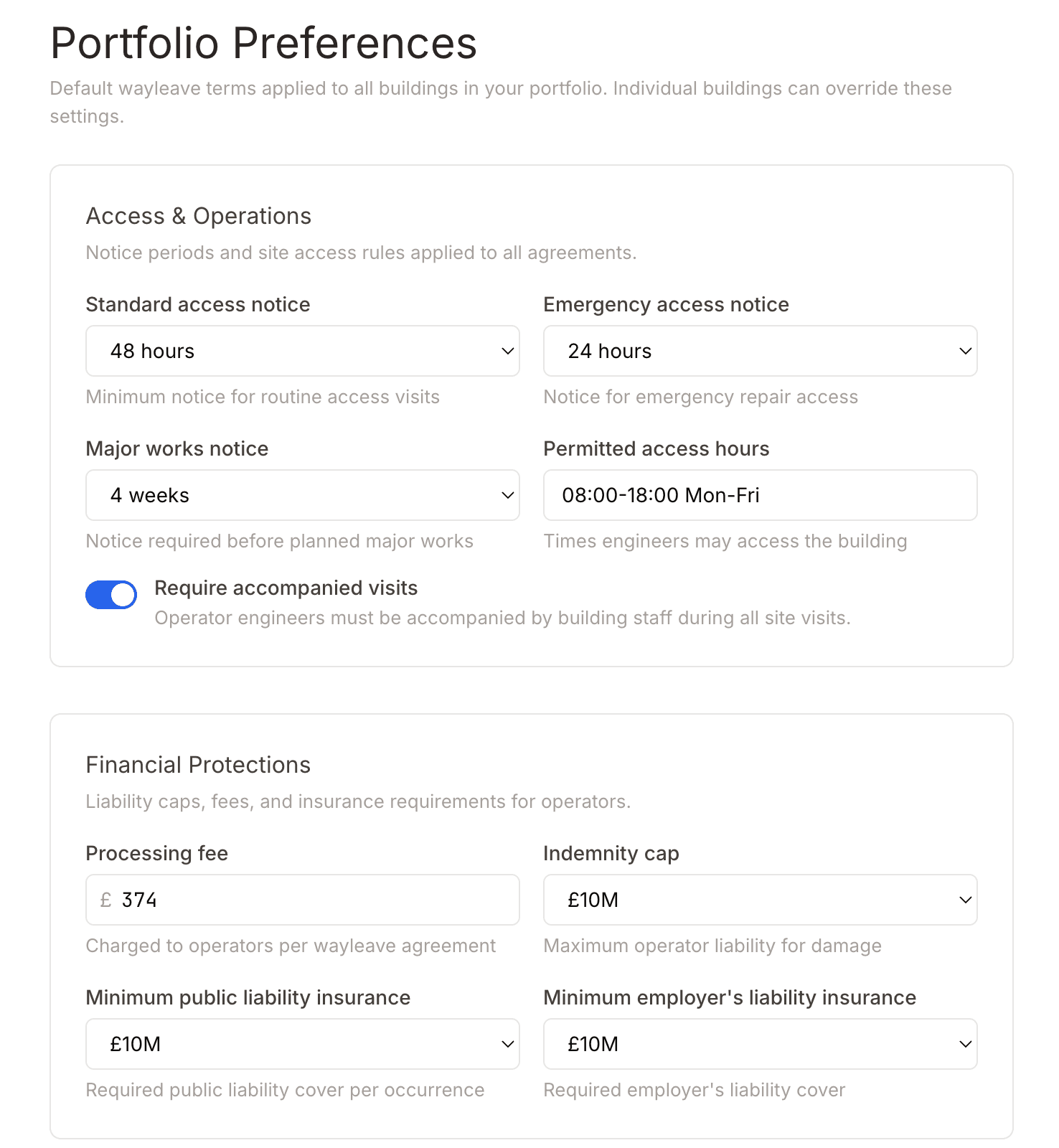 Wayline preferences: notice periods, permitted access hours, accompanied visits, processing fee, indemnity cap and minimum public and employers liability cover, all set.