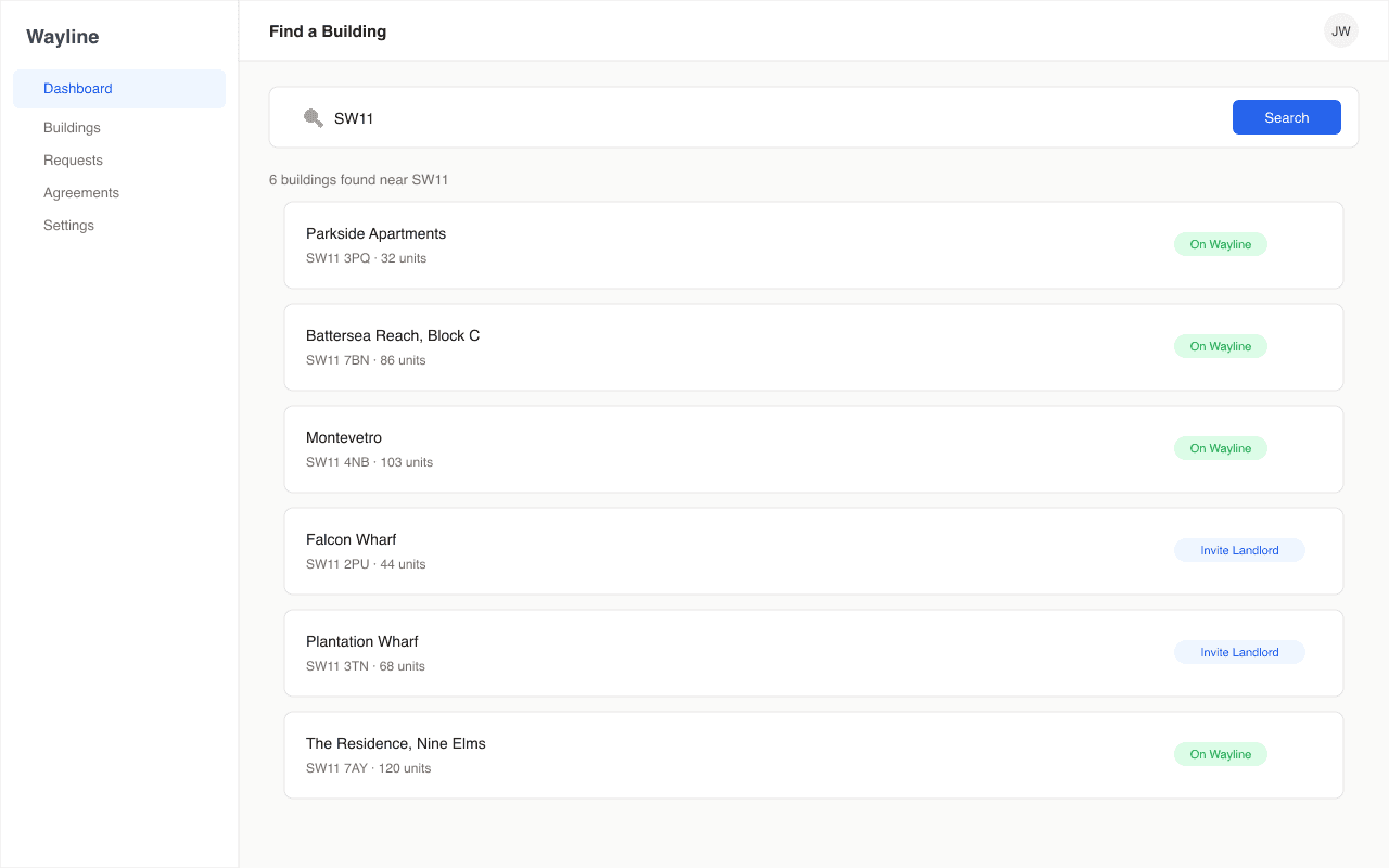 Wayline building search showing available buildings with wayleave status