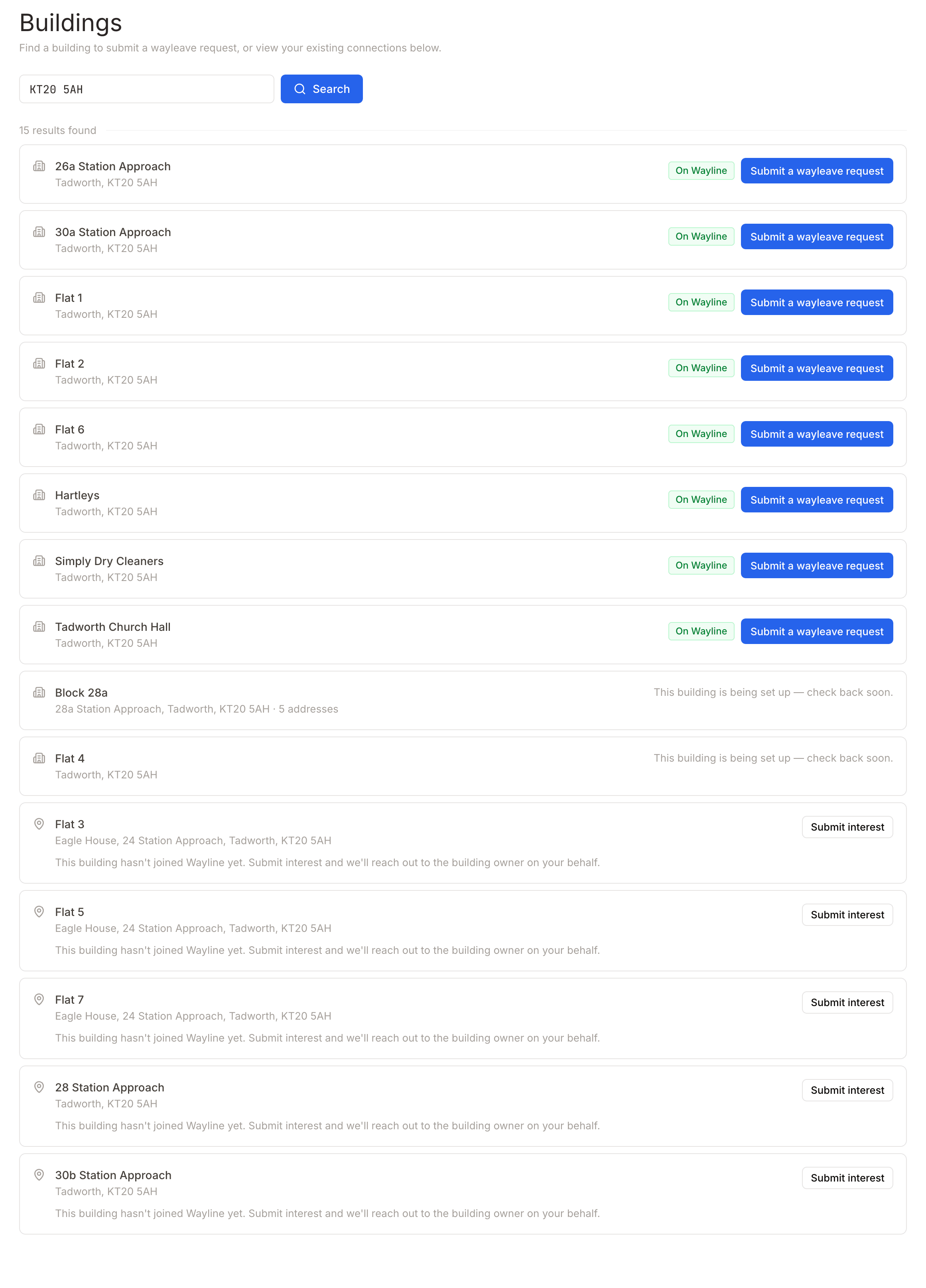 A Wayline building search for KT20 5AH returning fifteen results: several marked On Wayline with a submit button, two being set up, and five reading that the building has not joined Wayline yet and that submitting interest will have Wayline reach out to the building owner.