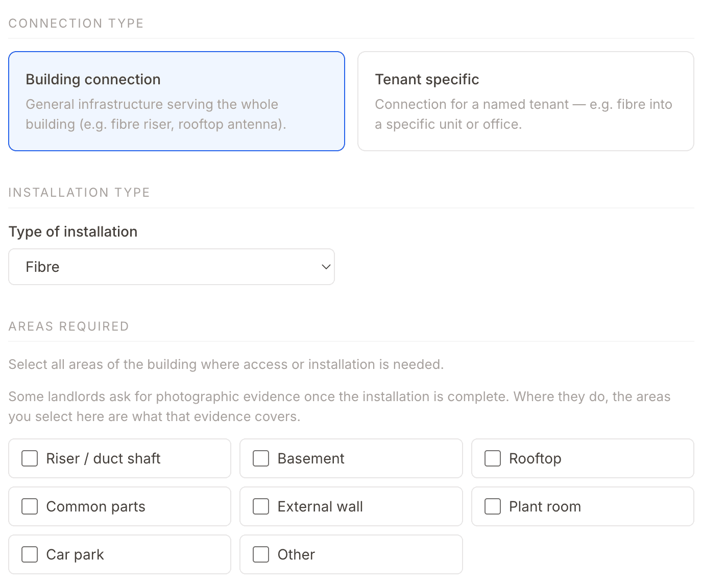 A Wayline wayleave request form: connection type as building connection or tenant specific, installation type set to fibre, and the areas of the building an operator can ask for, from riser and basement to rooftop and plant room.