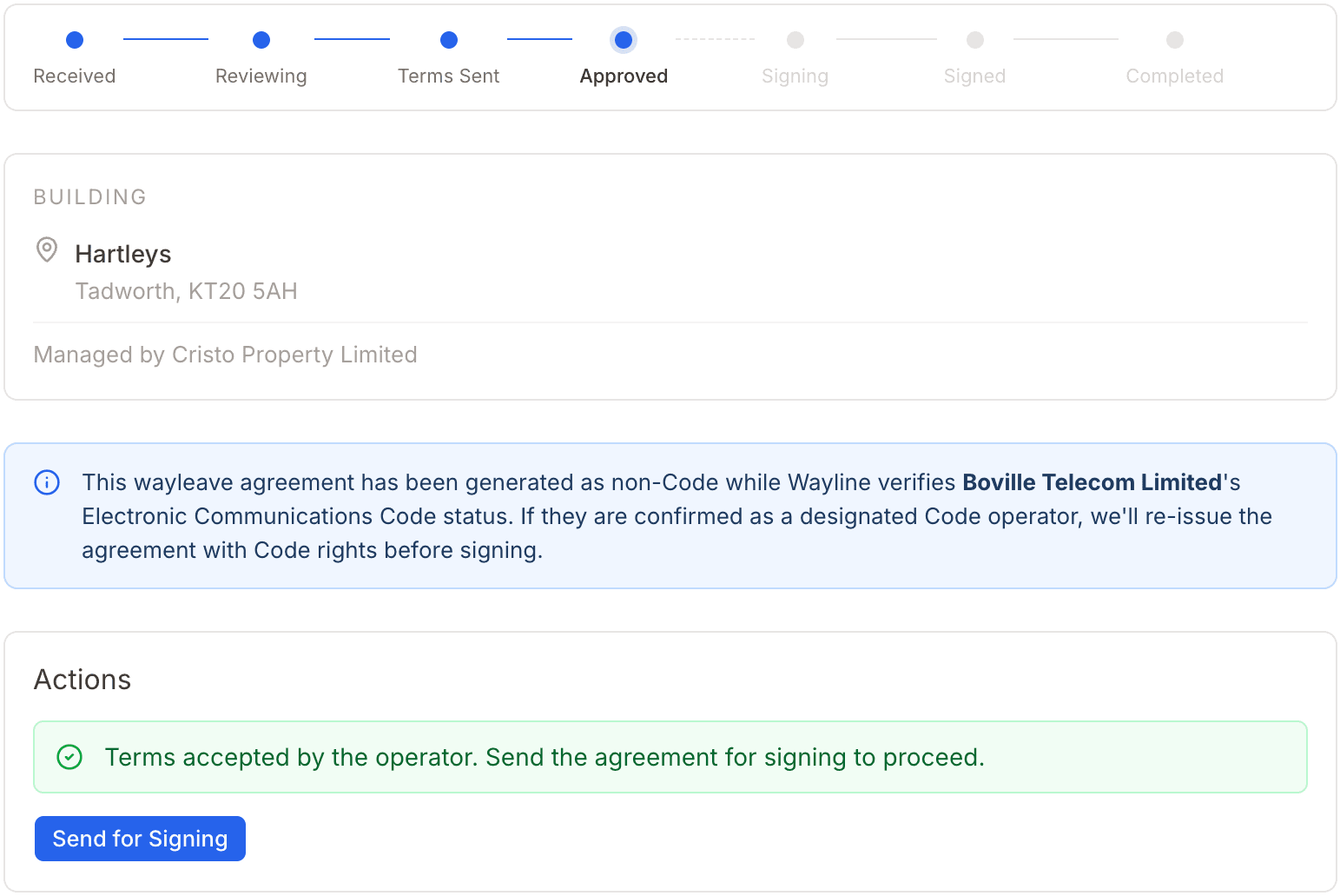 A Wayline request at the approved state: its progress rail through received, reviewing, terms sent, approved, signing, signed and completed; the building it concerns and who manages it; a notice explaining that the agreement is drawn as non-Code while the operator's Electronic Communications Code status is verified, and will be re-issued with Code rights if confirmed; and the action to send it for signing.