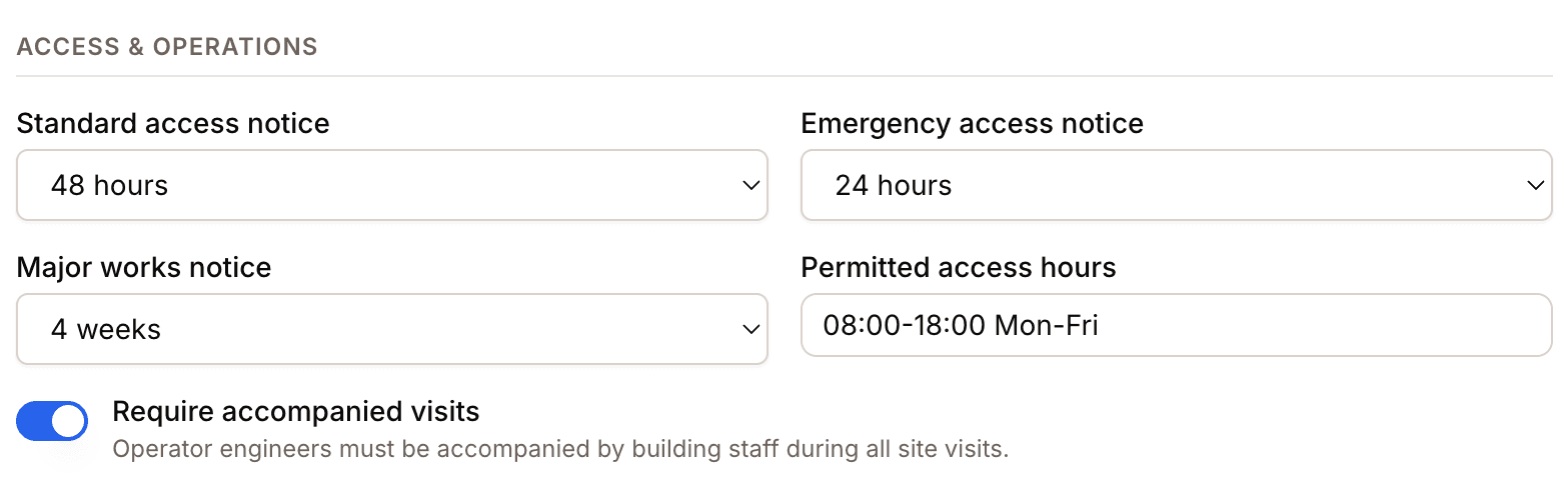 Access and operations terms on a Wayline agreement: standard access notice 48 hours, emergency 24 hours, major works 4 weeks, permitted access 08:00 to 18:00 Monday to Friday, and accompanied visits required.